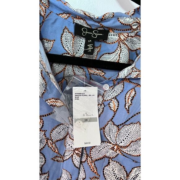 JESSICA SIMPSON SHORT SLEEVE BUTTON DOWN BLUE FLORAL BLOUSE WOMENS SIZE 1XL NEW - Picture 5 of 10